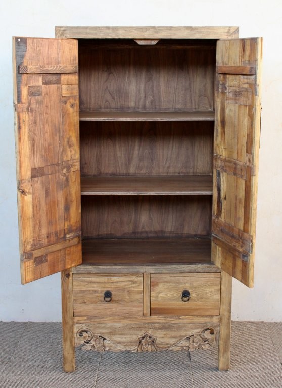 Tall Natural Wood 2 Door 2 Drawer Cupboard